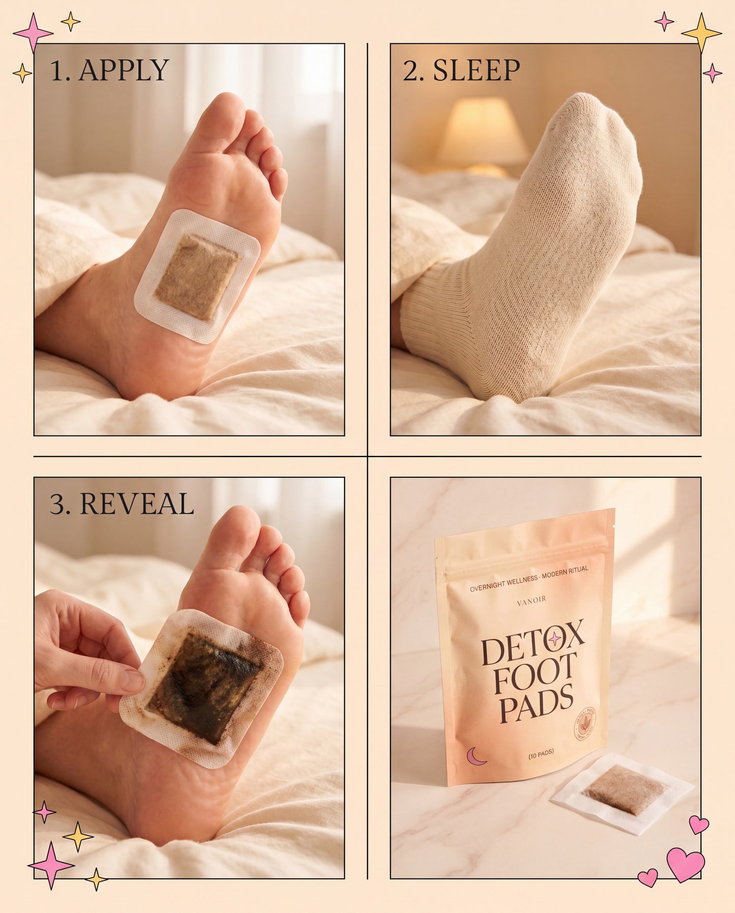 How to use — Apply, Sleep, Reveal — 3-step instructional