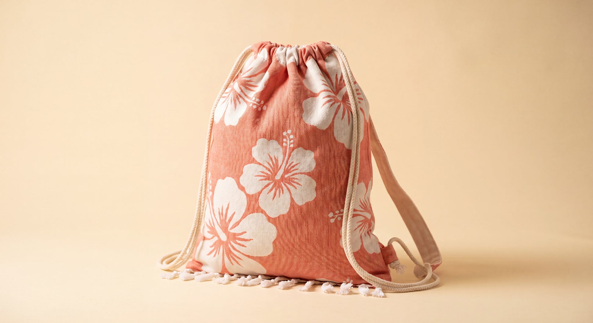 VARIANT-CORAL Coral hibiscus print drawstring beach bag
