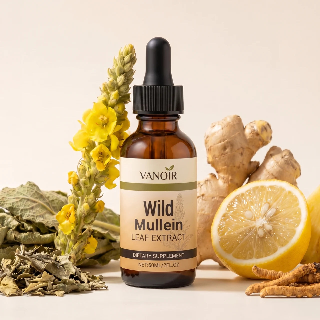 Bottle with raw mullein, ginger, lemon, cordyceps and pineapple