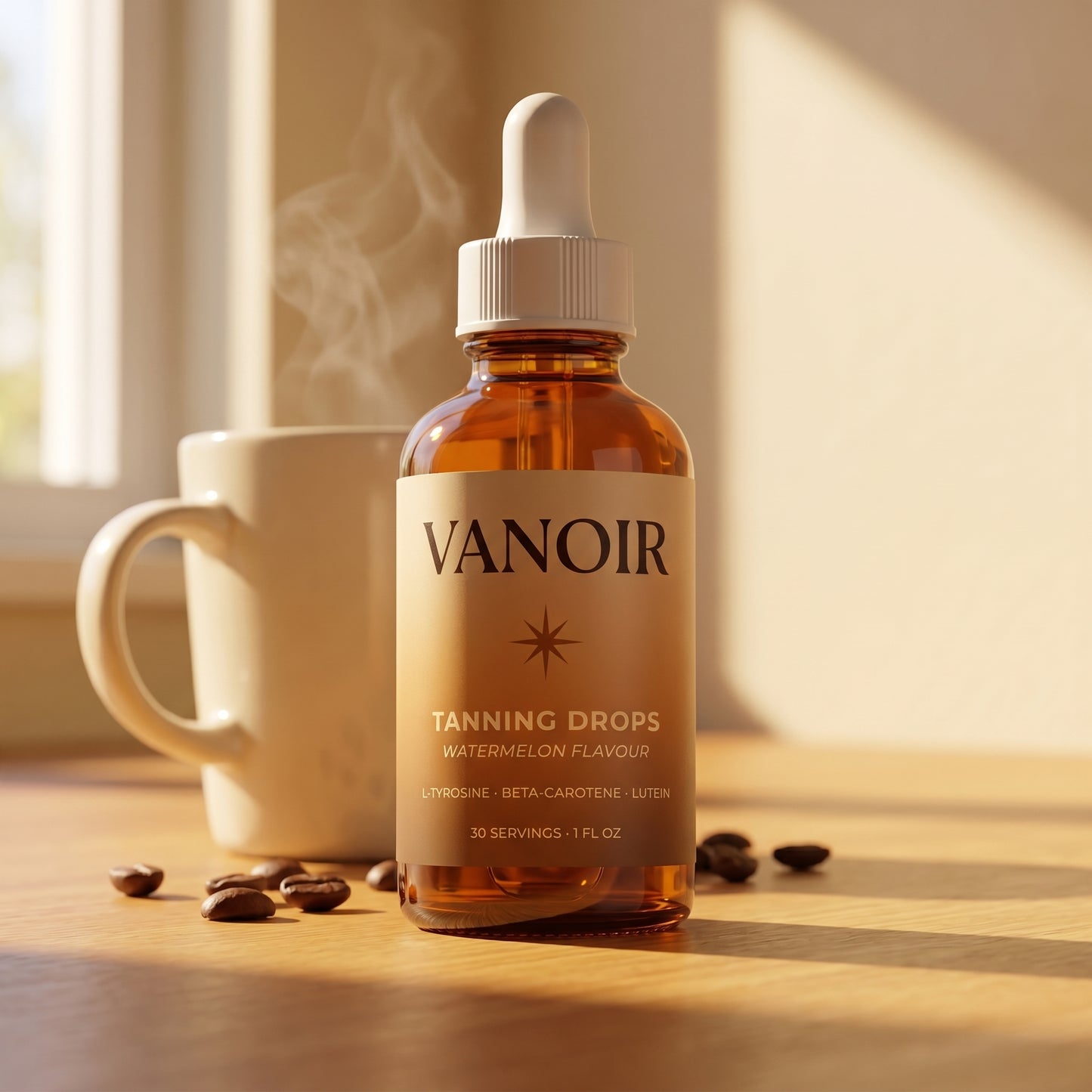 Bottle beside steaming morning coffee on warm wood