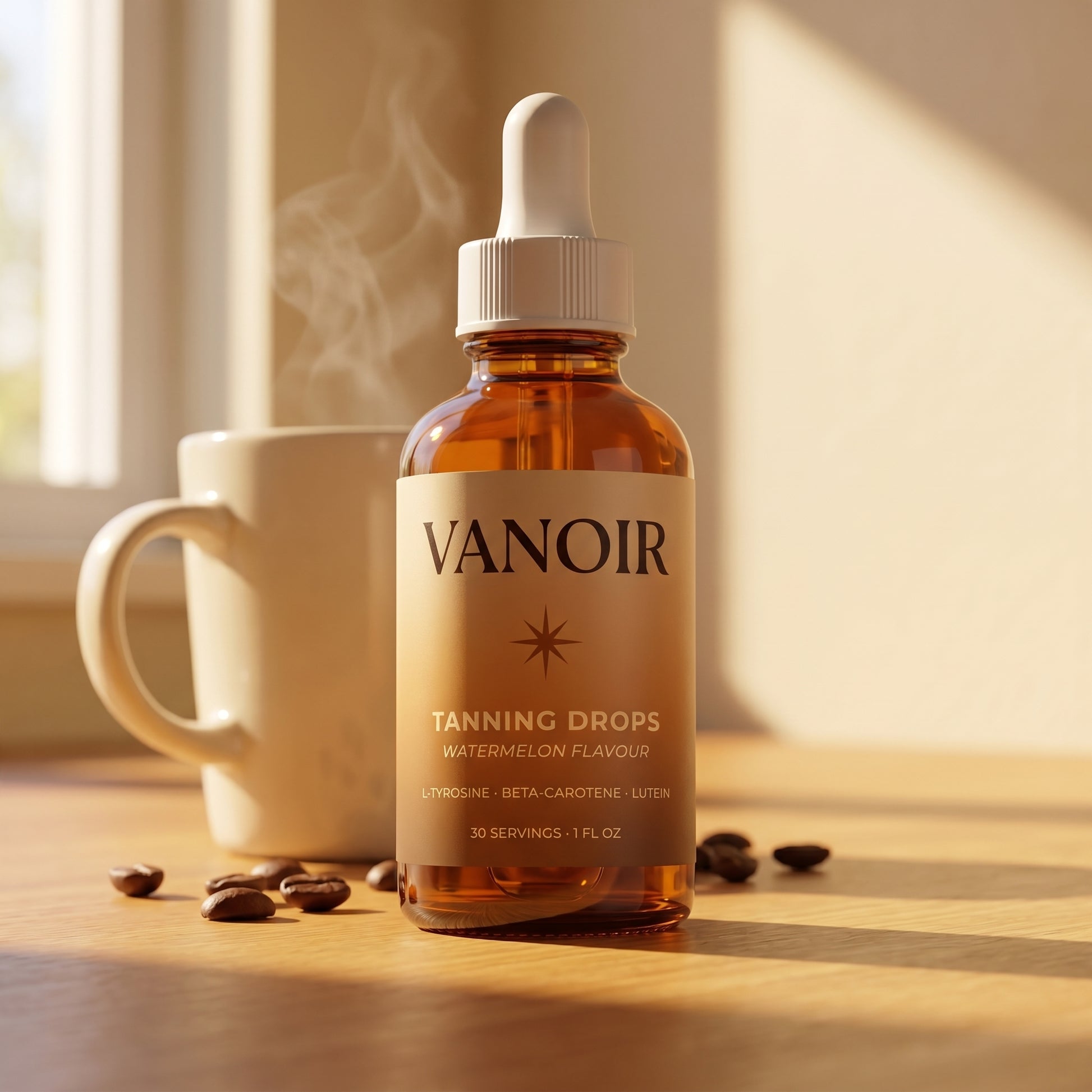 Bottle beside steaming morning coffee on warm wood