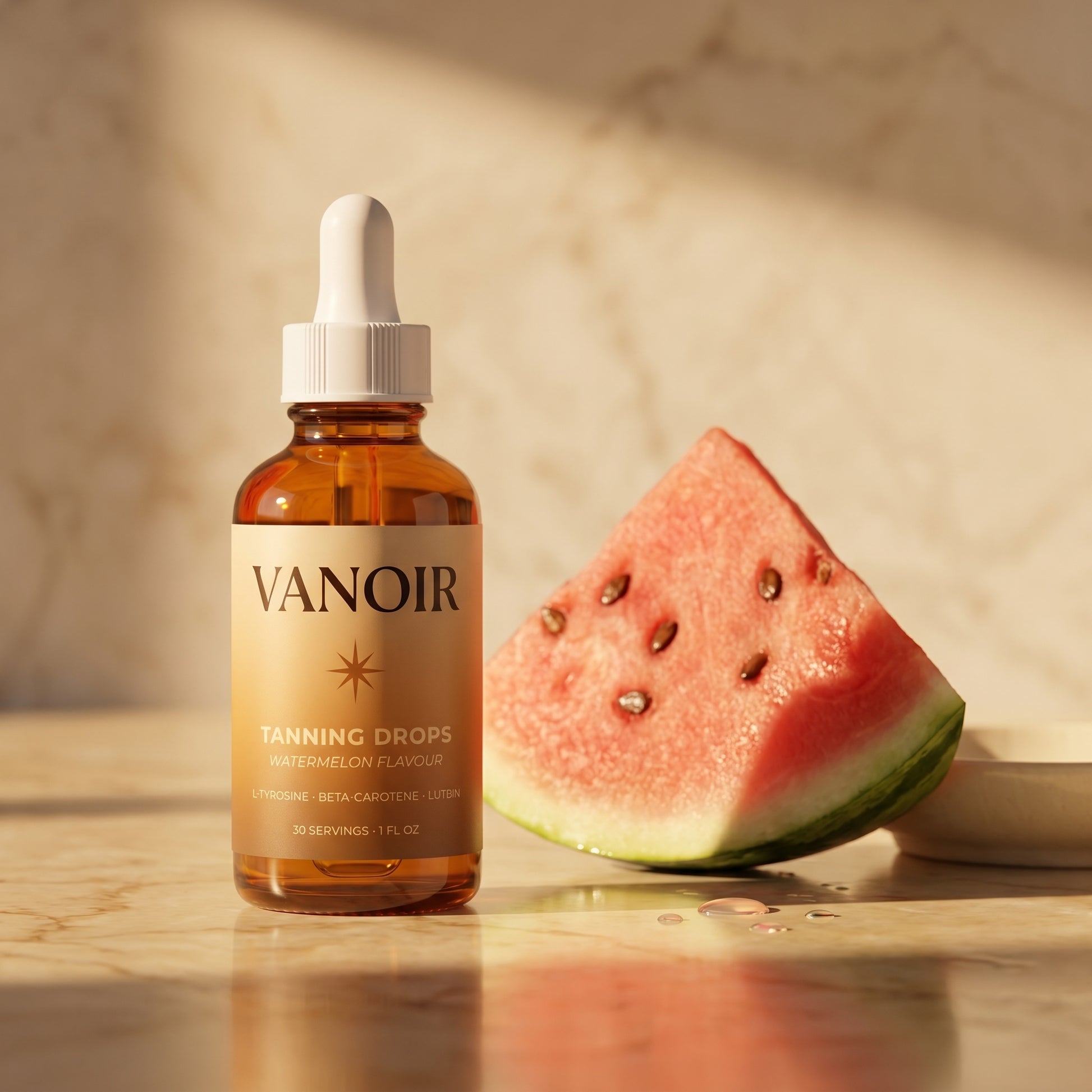 Bottle with fresh watermelon wedge on marble