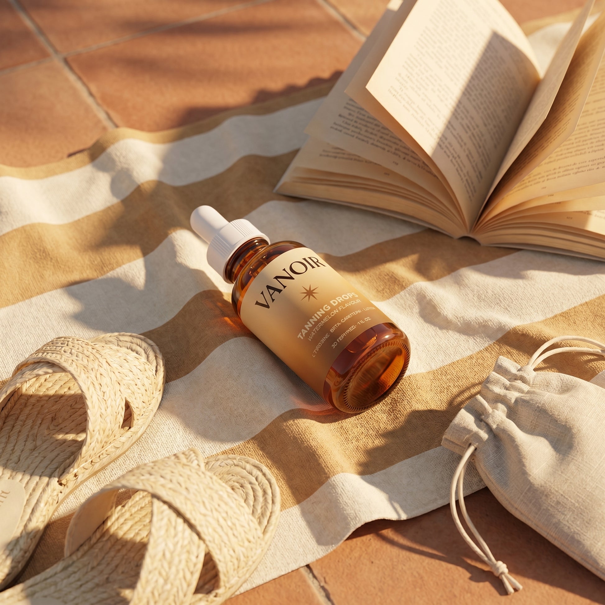 Bottle on cream-tan striped towel on terracotta tile