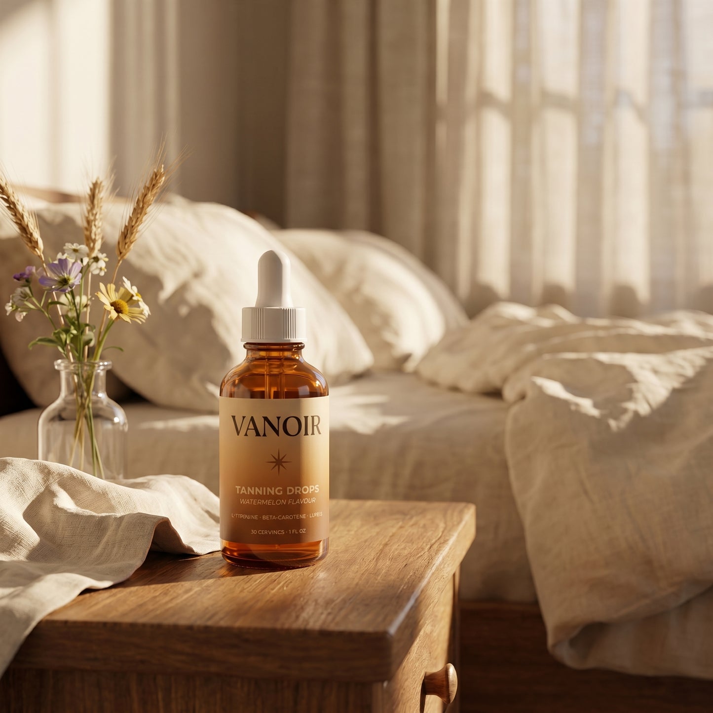 Bottle on bedside table with morning window light