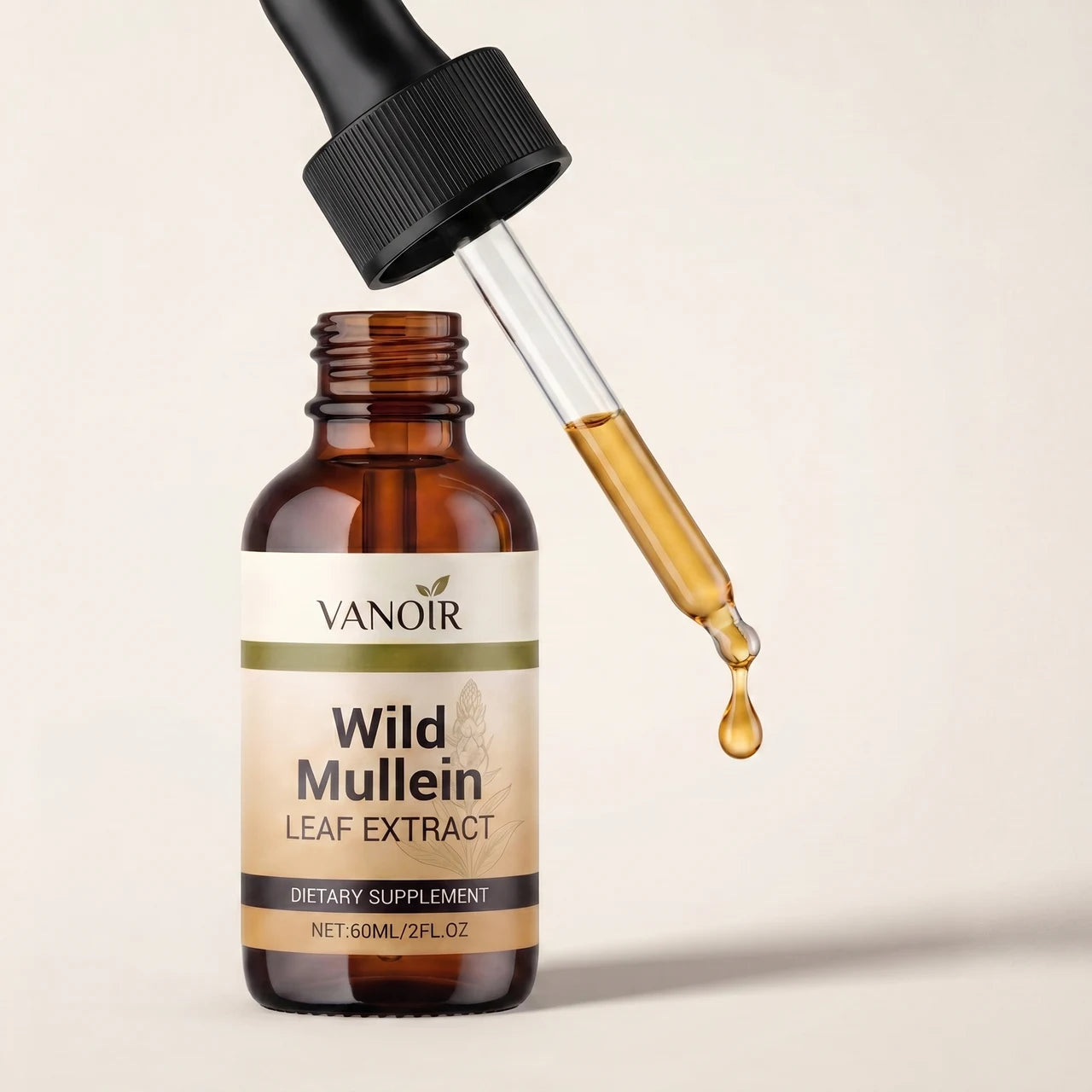 Glass dropper with an amber drop of mullein extract