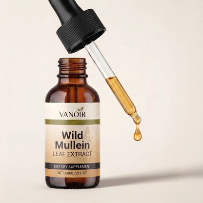 Glass dropper with an amber drop of mullein extract