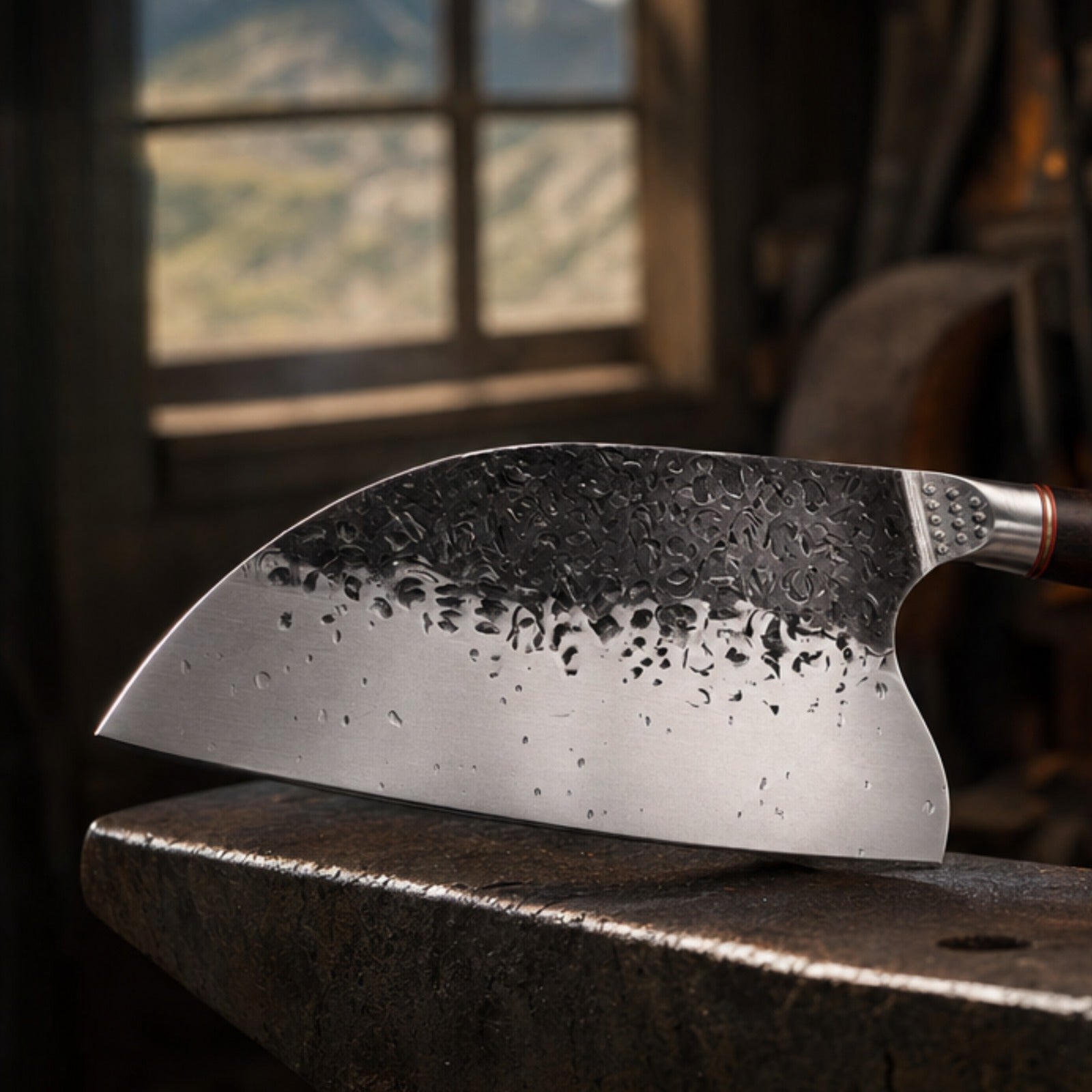 The knife resting on a blacksmith anvil in the forge