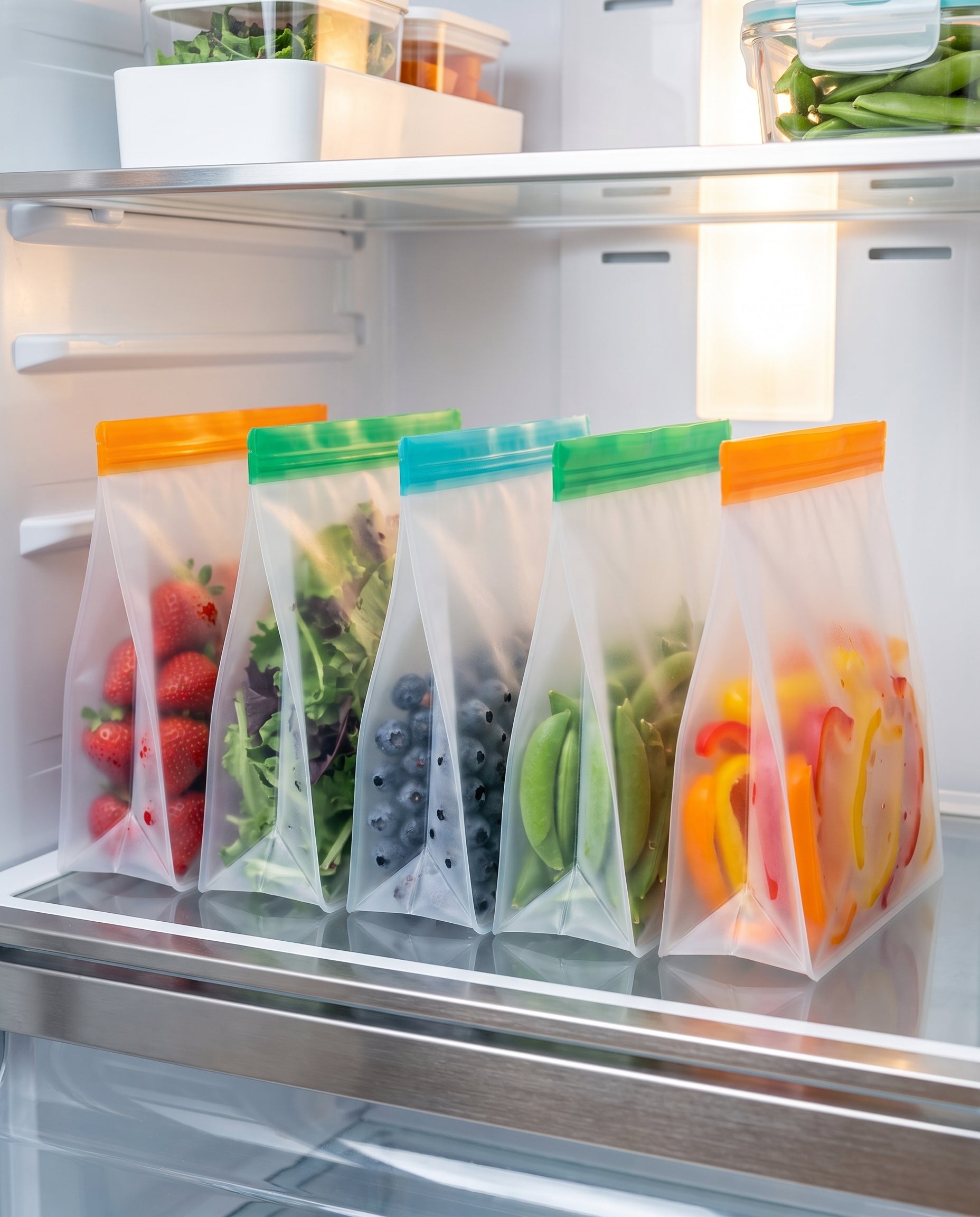 FreshVault bags standing in a row on a fridge shelf