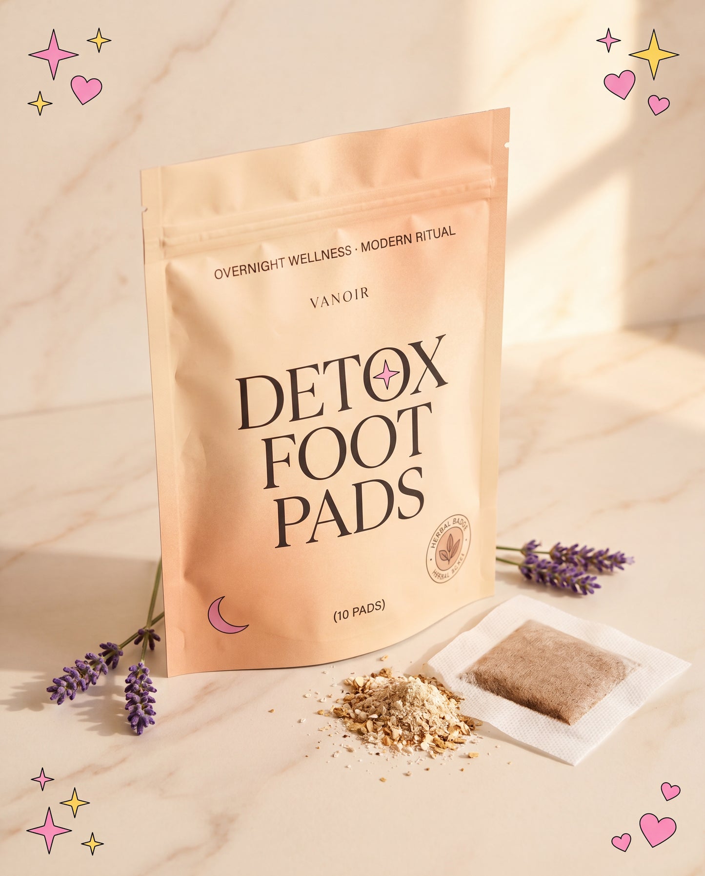Vanoir Detox Foot Pads — hero pouch with single foot pad and lavender