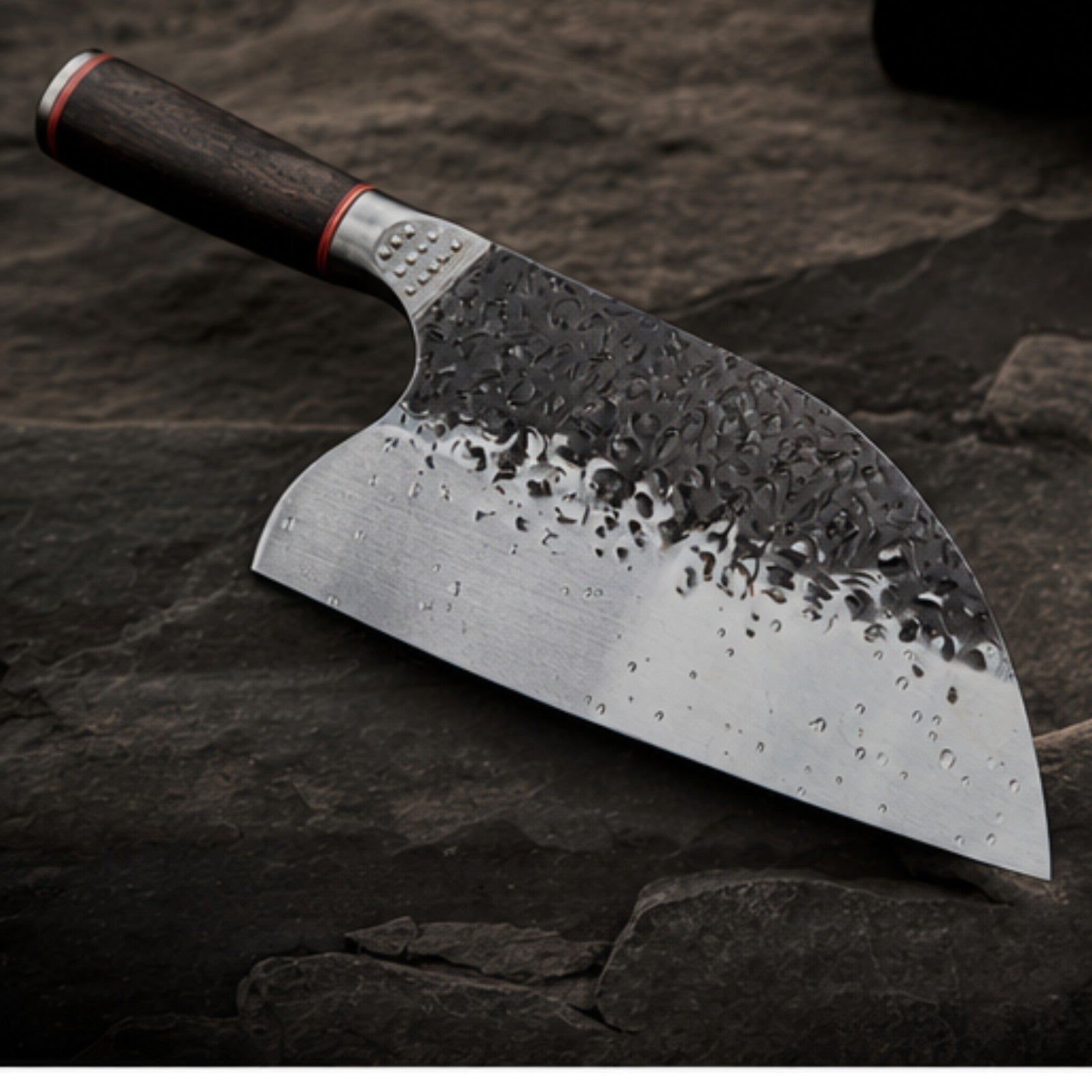 Hammered tsuchime blade finish with water droplets