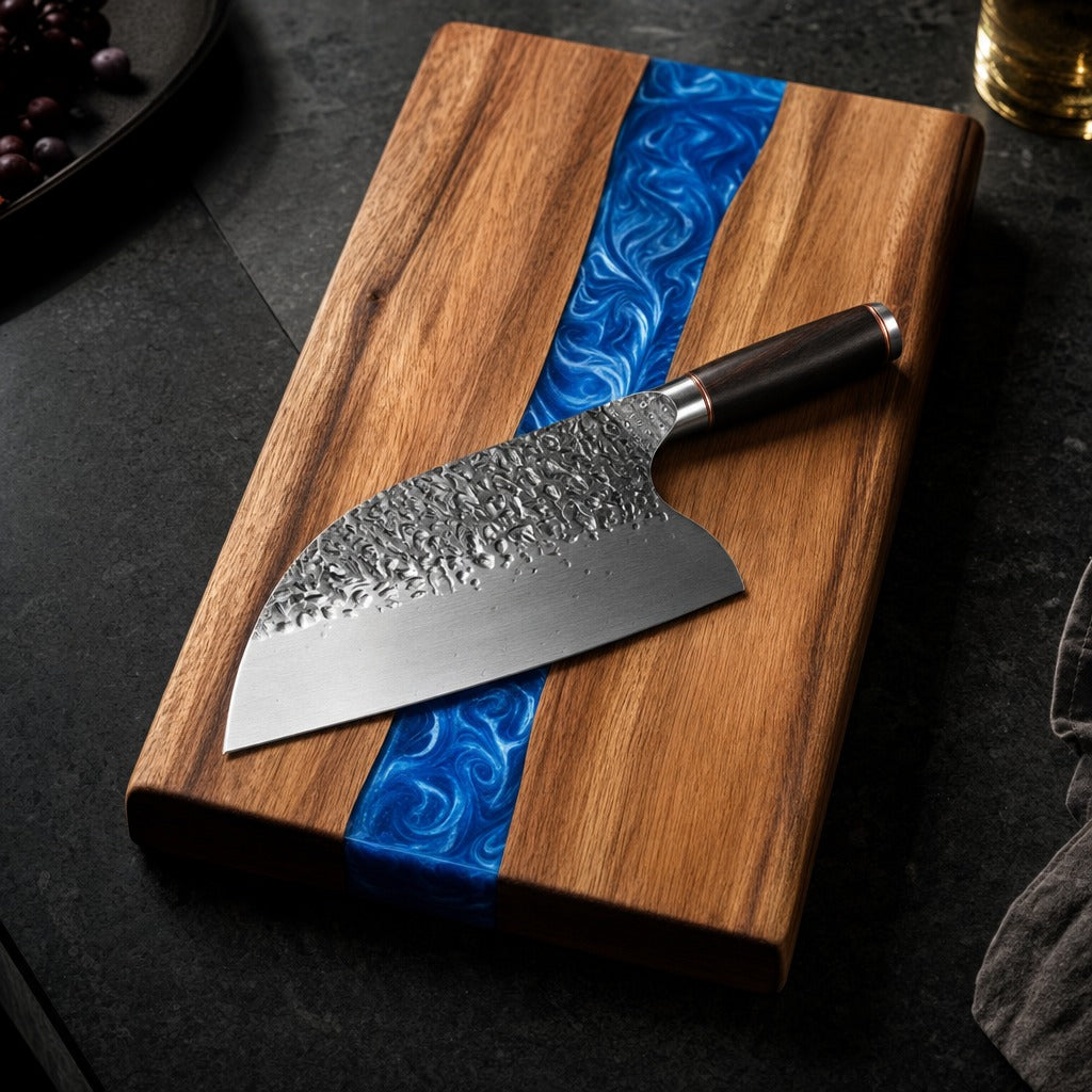 The knife on a walnut and epoxy cutting board