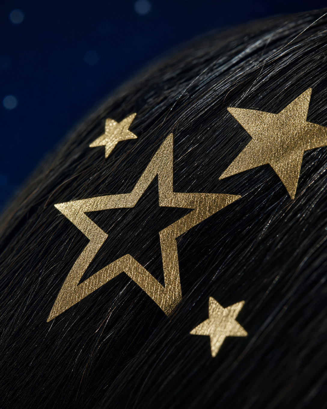 Macro detail — gold foil stars on jet black hair