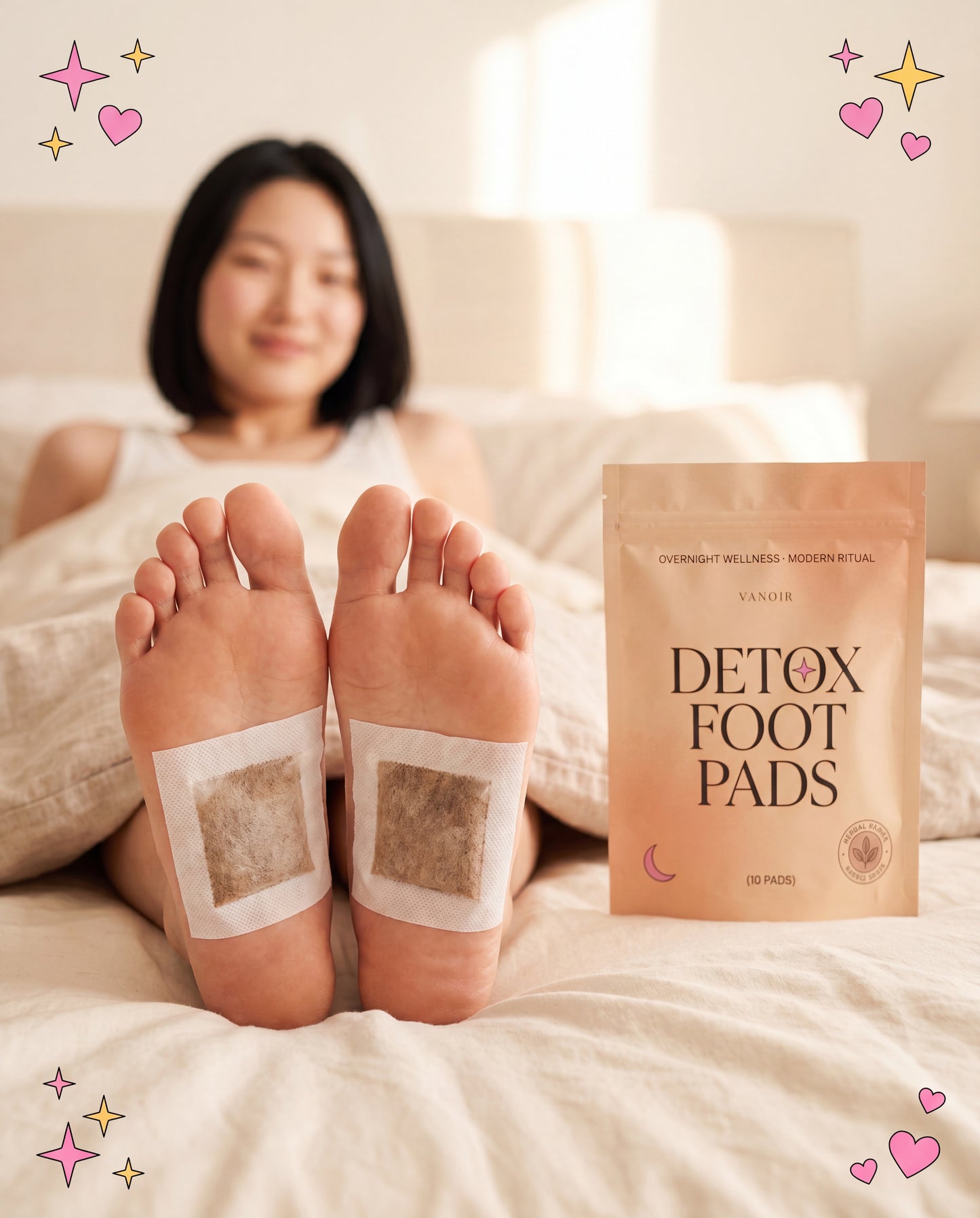 East Asian woman with feet up, both detox pads applied, morning light
