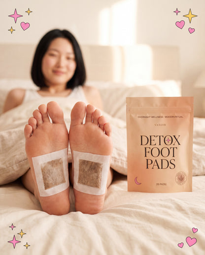 East Asian woman with feet up, both detox pads applied, morning light