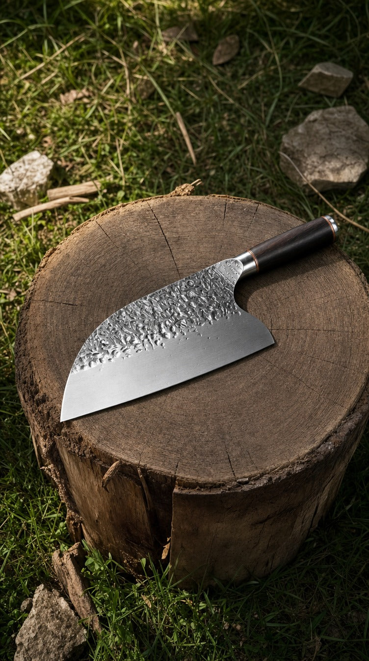 The knife on a tree stump outdoors