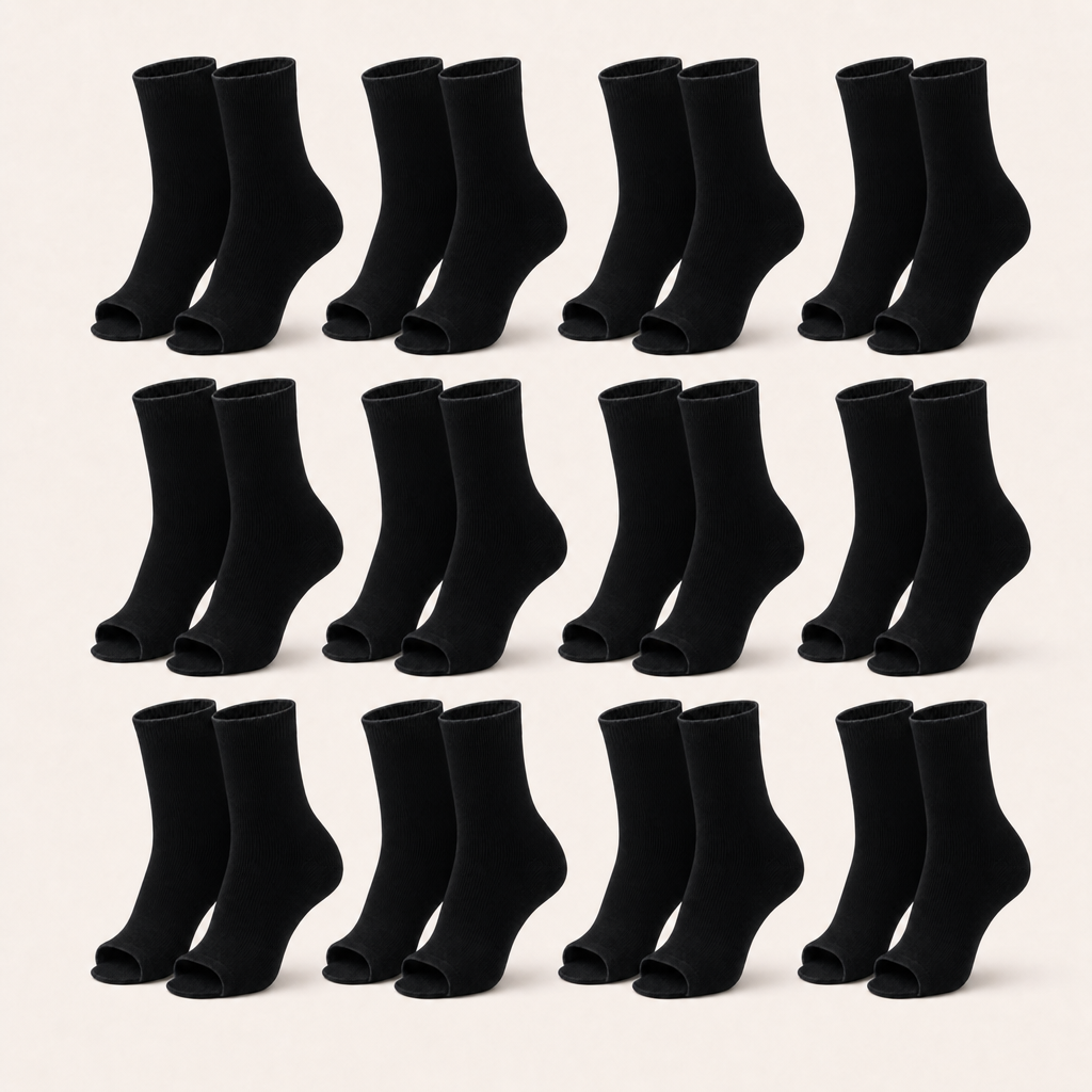 12 pairs of plain open-toe ankle compression socks in black, standing upright