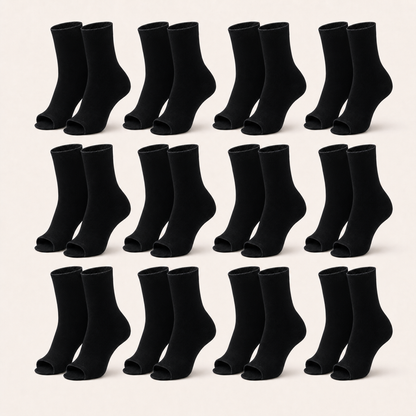 12 pairs of plain open-toe ankle compression socks in black, standing upright