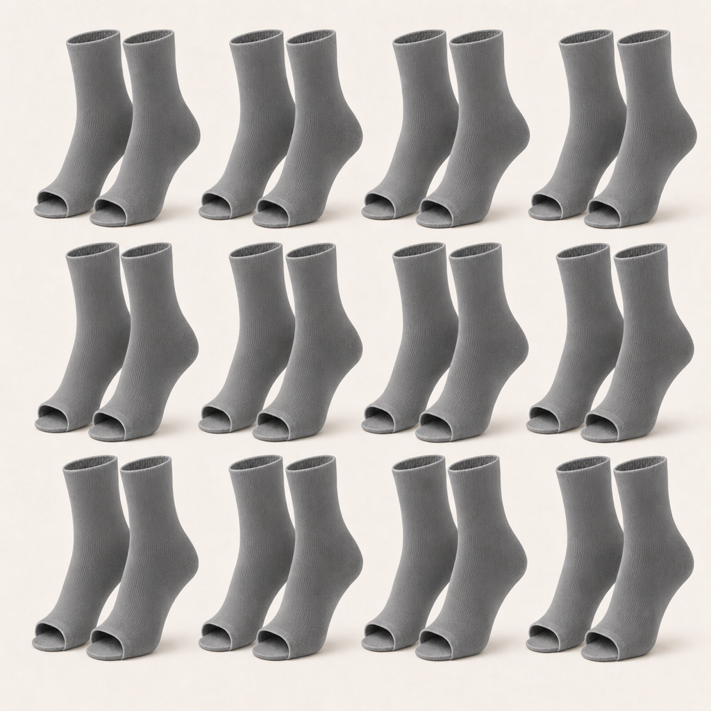 12 pairs of plain open-toe ankle compression socks in grey, standing upright