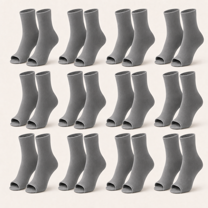12 pairs of plain open-toe ankle compression socks in grey, standing upright