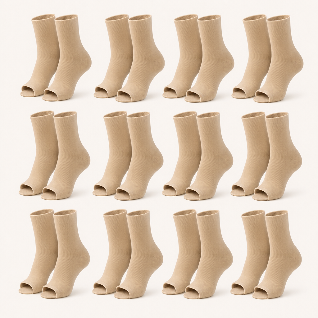 12 pairs of plain open-toe ankle compression socks in nude, standing upright
