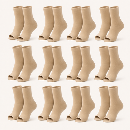 12 pairs of plain open-toe ankle compression socks in nude, standing upright