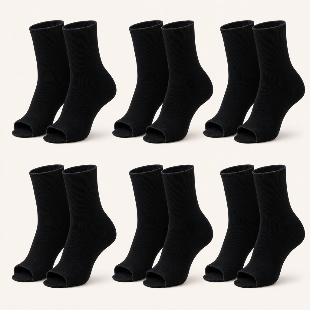 6 pairs of plain open-toe ankle compression socks in black, standing upright