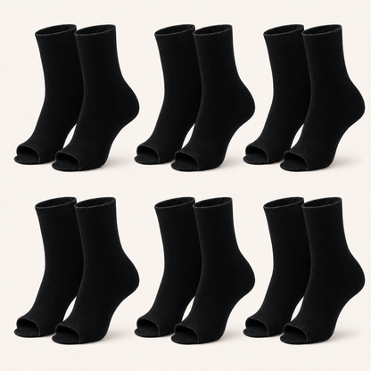 6 pairs of plain open-toe ankle compression socks in black, standing upright