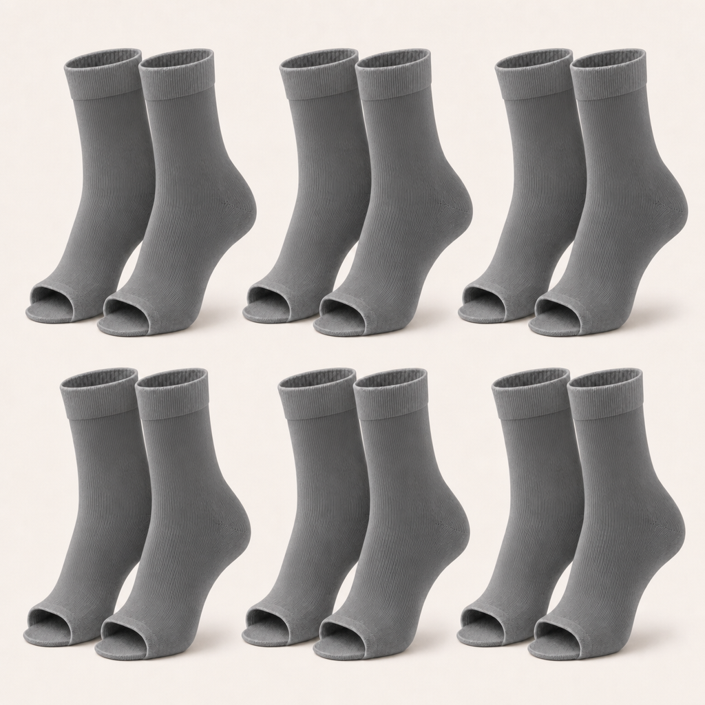 6 pairs of plain open-toe ankle compression socks in grey, standing upright