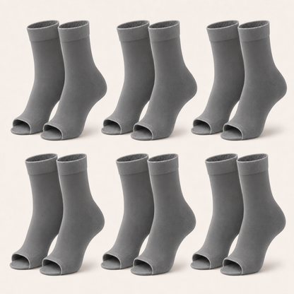 6 pairs of plain open-toe ankle compression socks in grey, standing upright