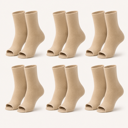 6 pairs of plain open-toe ankle compression socks in nude, standing upright
