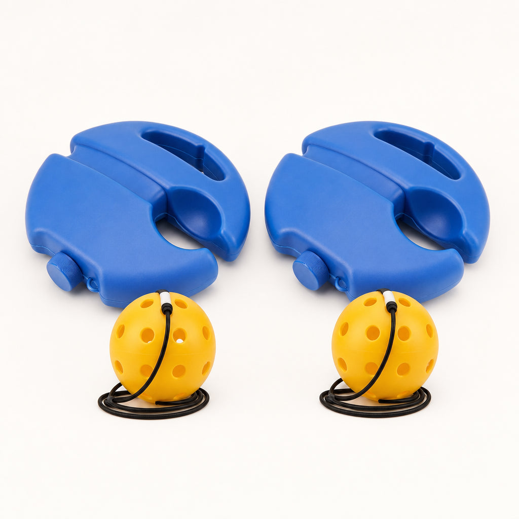 HomeCourt Complete Kit: two weighted bases, each with a tethered pickleball