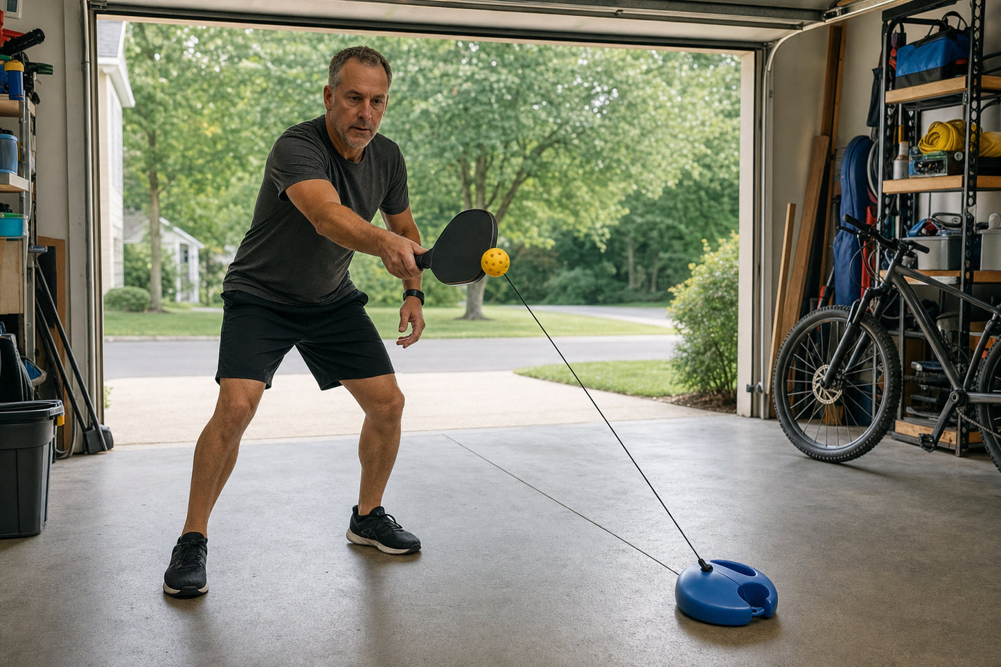 A player drilling with the HomeCourt trainer in a garage