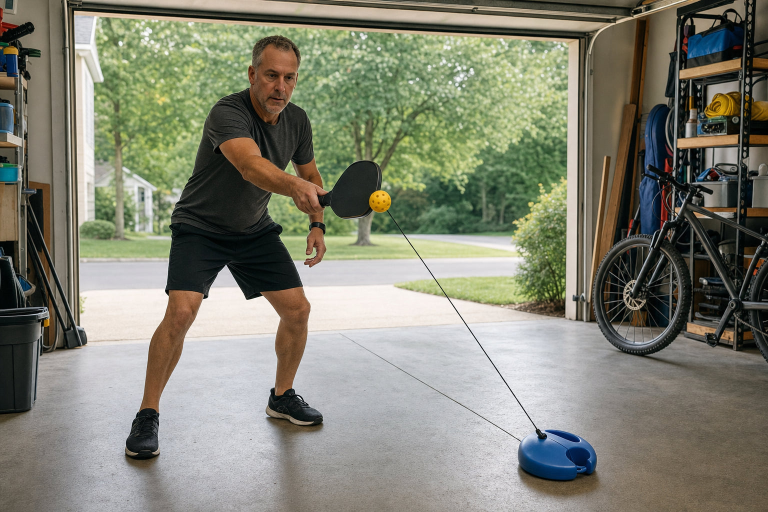 A player drilling with the HomeCourt trainer in a garage