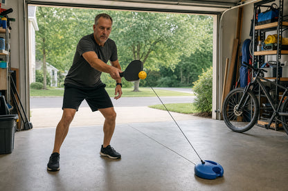 A player drilling with the HomeCourt trainer in a garage