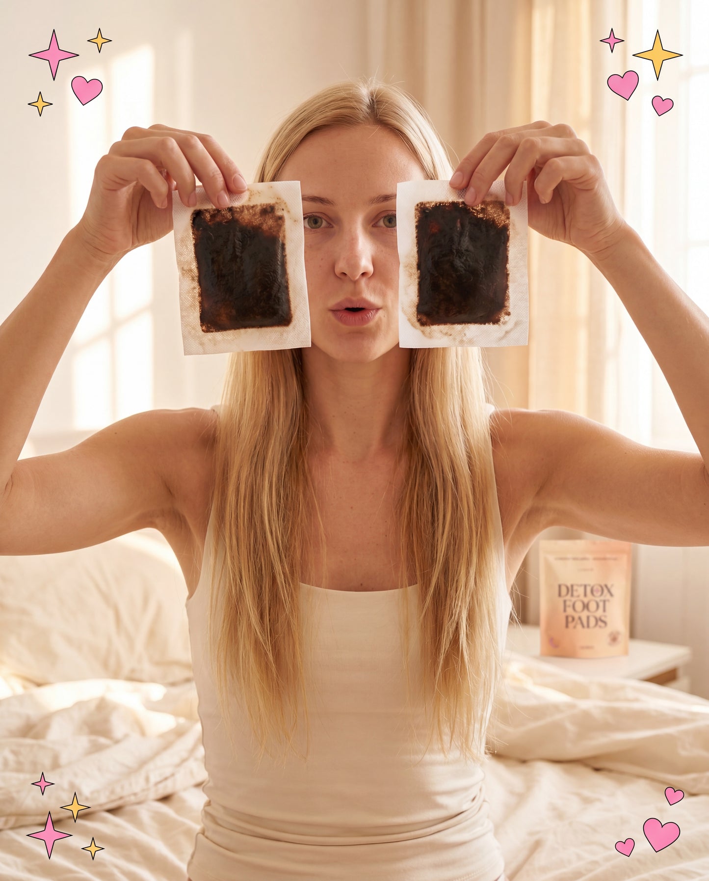 Blonde woman holding up both used dark stained detox pads