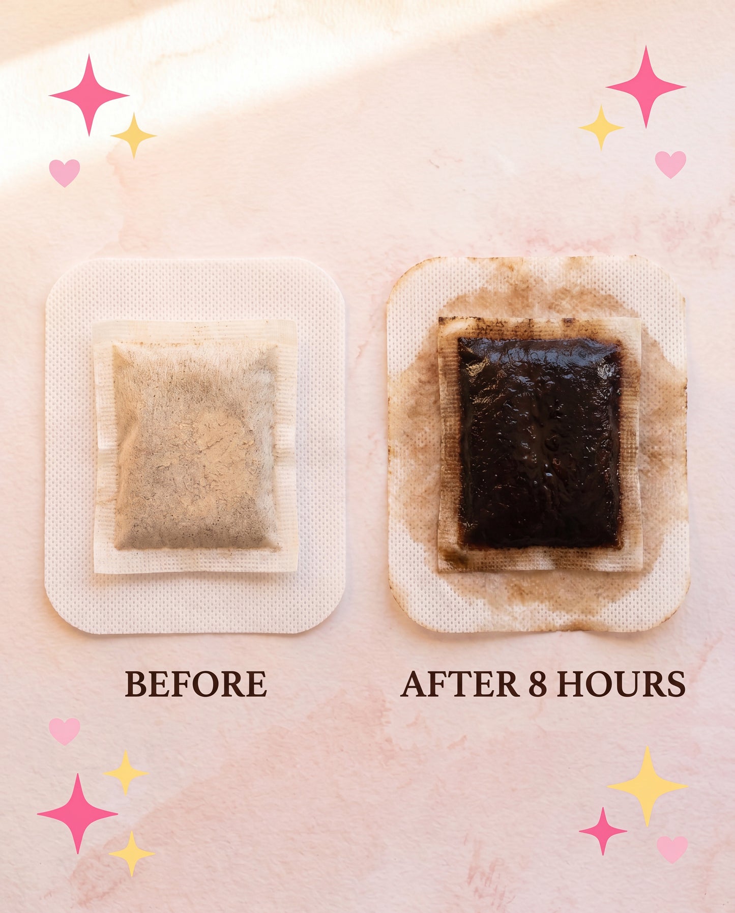 Before vs After 8 hours — clean fresh pad vs dark stained used pad