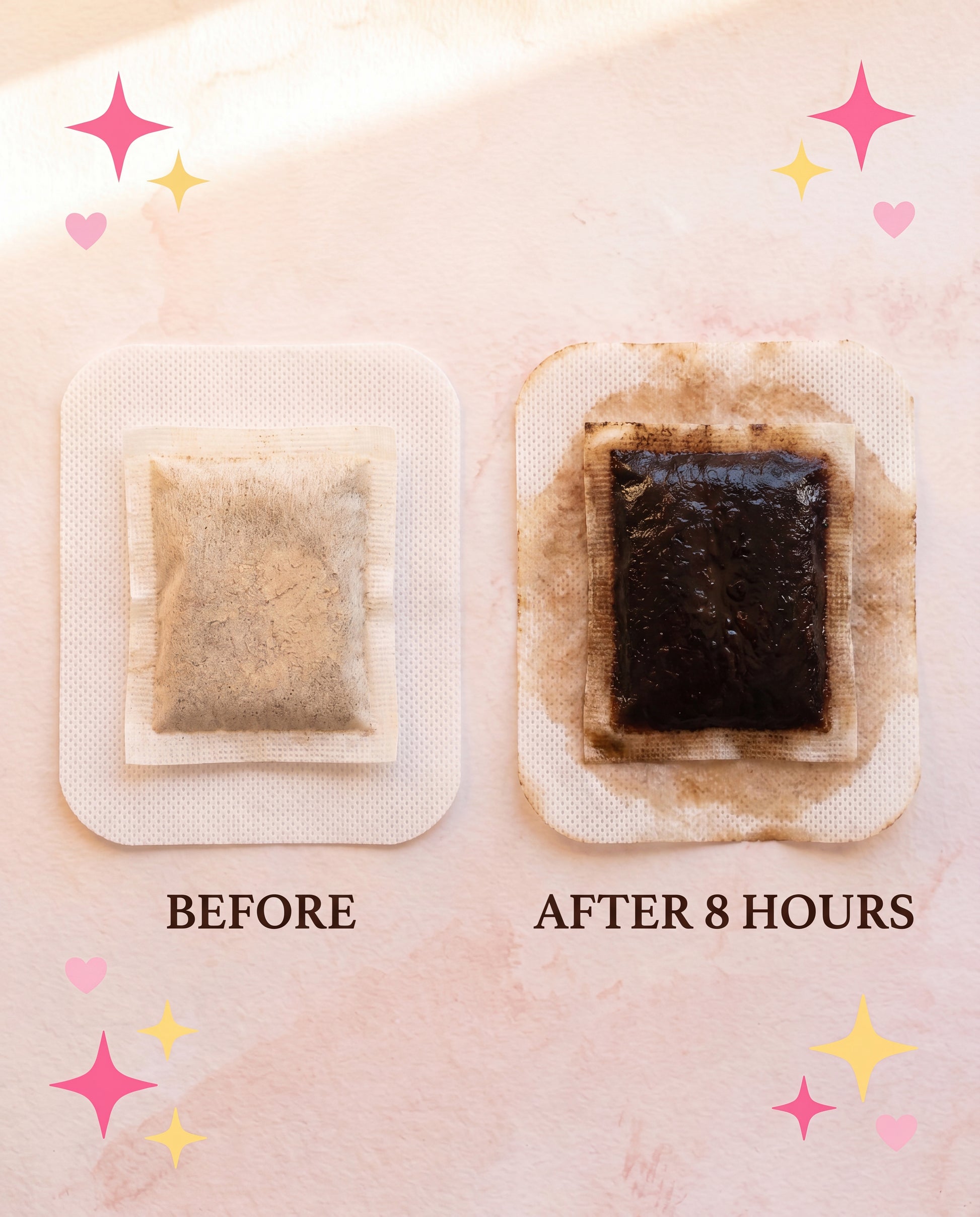 Before vs After 8 hours — clean fresh pad vs dark stained used pad