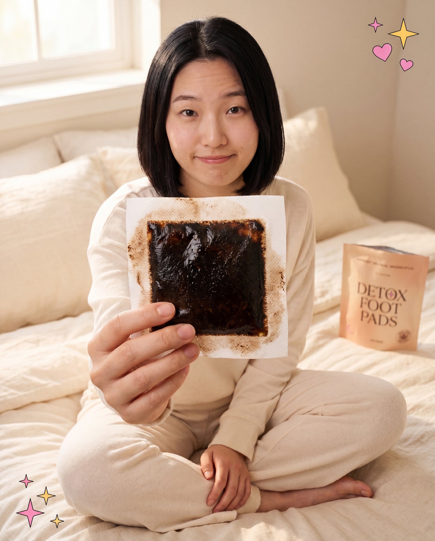 East Asian woman showing dark stained used pad to camera