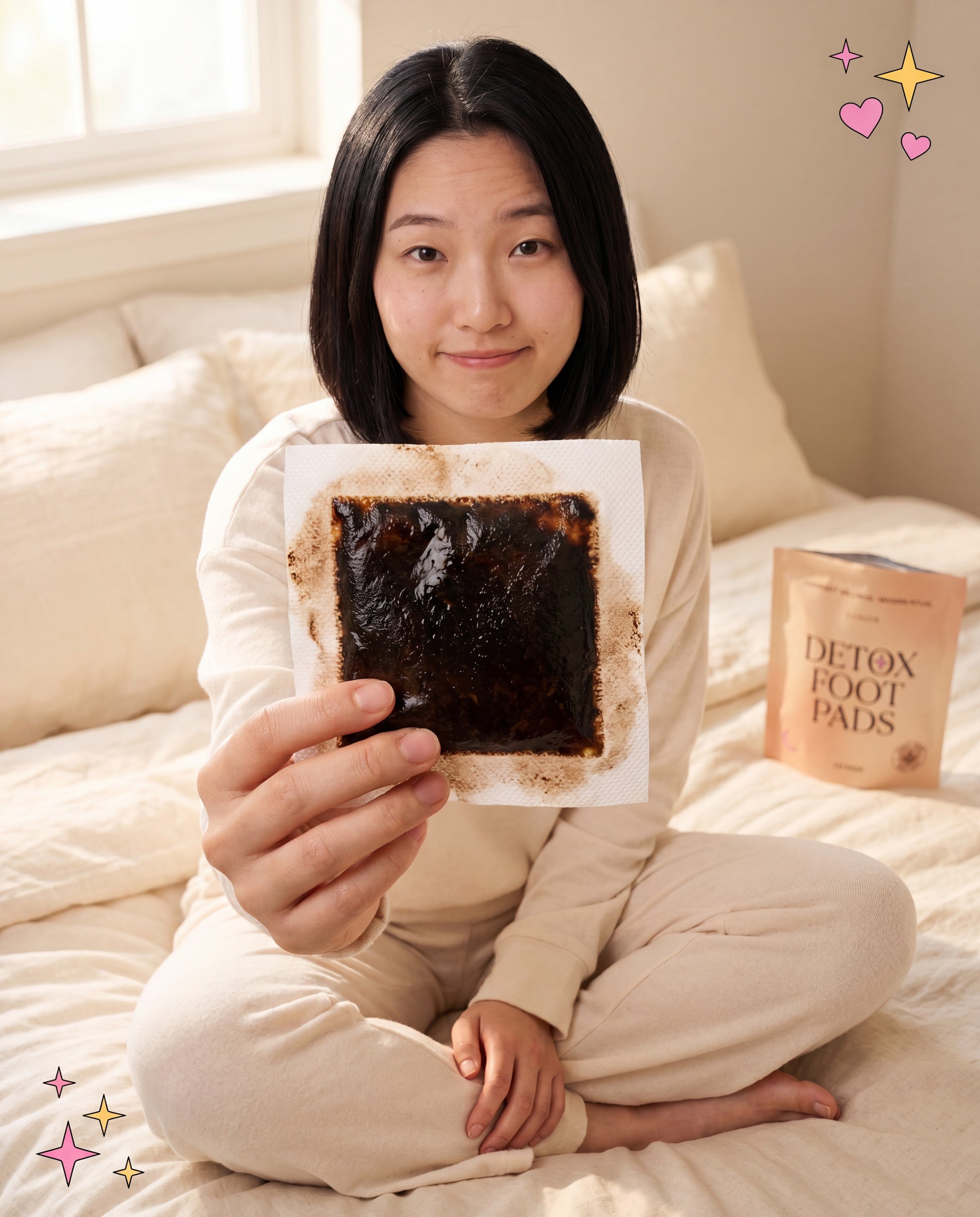 East Asian woman showing dark stained used pad to camera