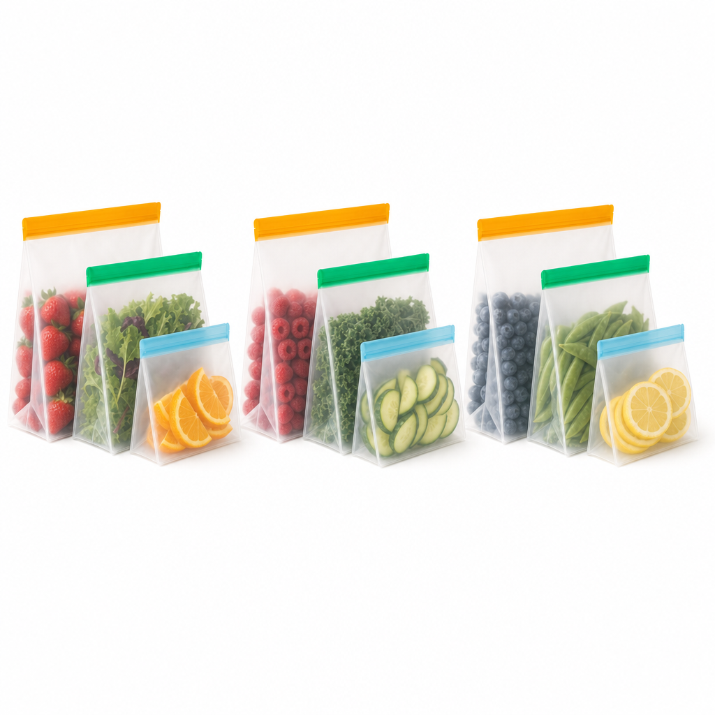 Three FreshVault sets, nine bags, filled with fresh food