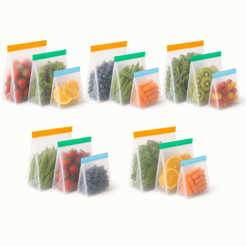 Five FreshVault sets, fifteen bags, filled with fresh food