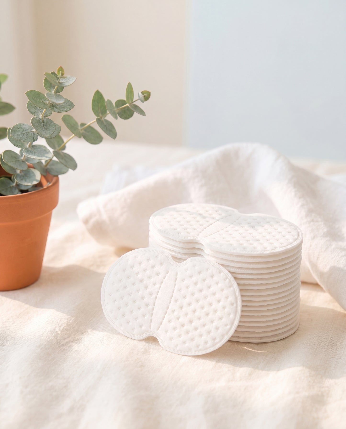 Stack of sweat pads with eucalyptus on cream linen
