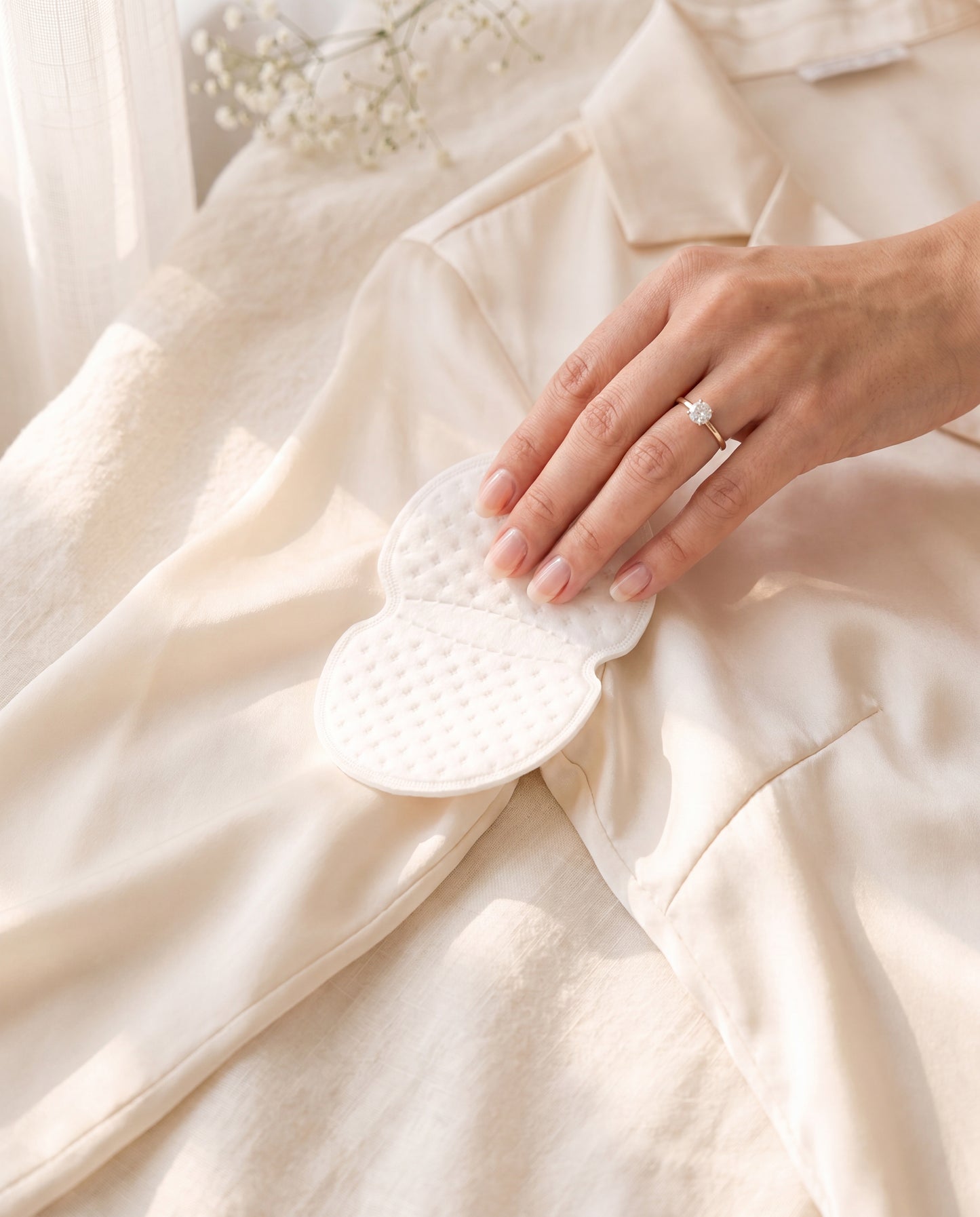 Sweat pad placed inside ivory silk wedding blouse with engagement ring