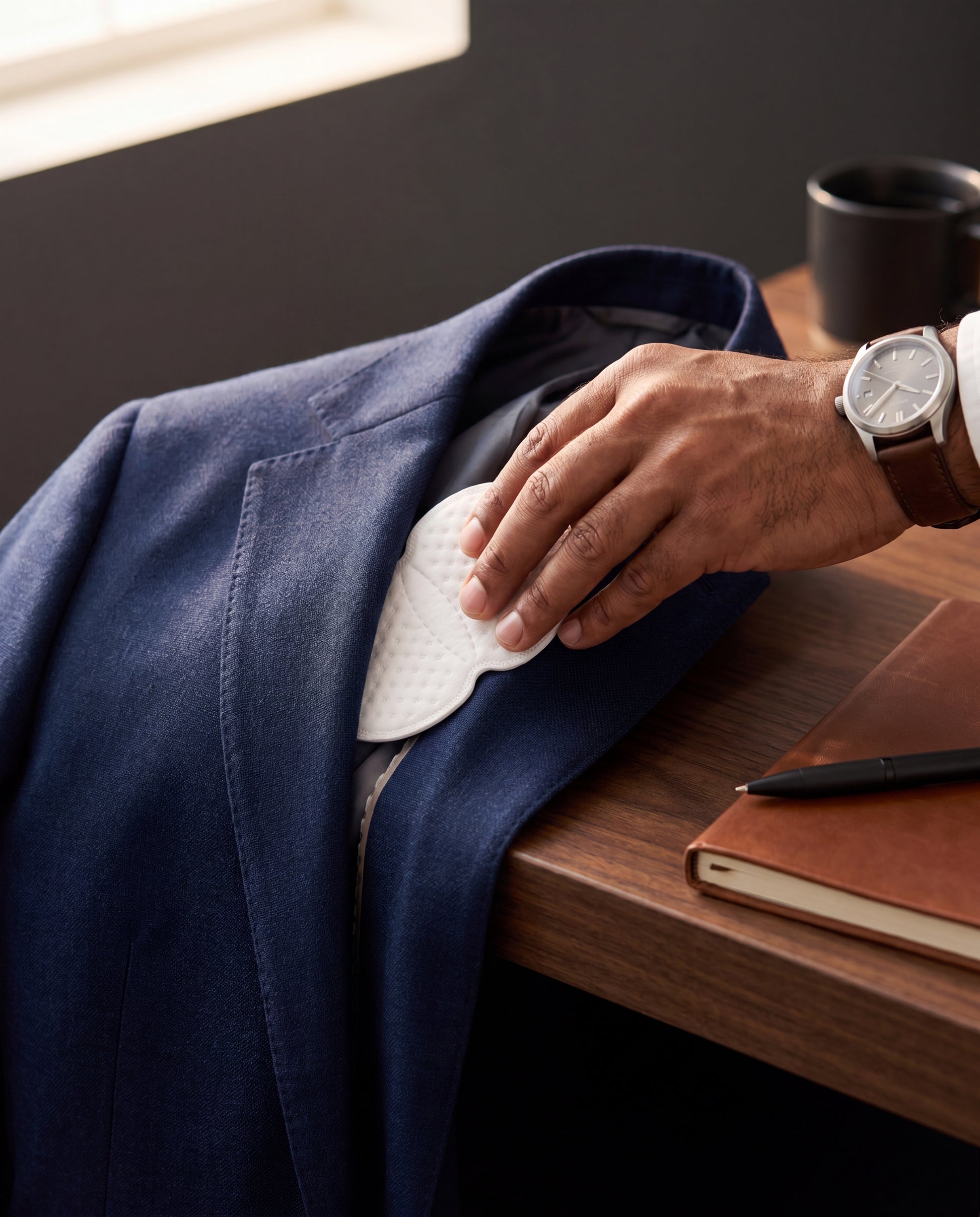 Sweat pad placed inside navy suit jacket