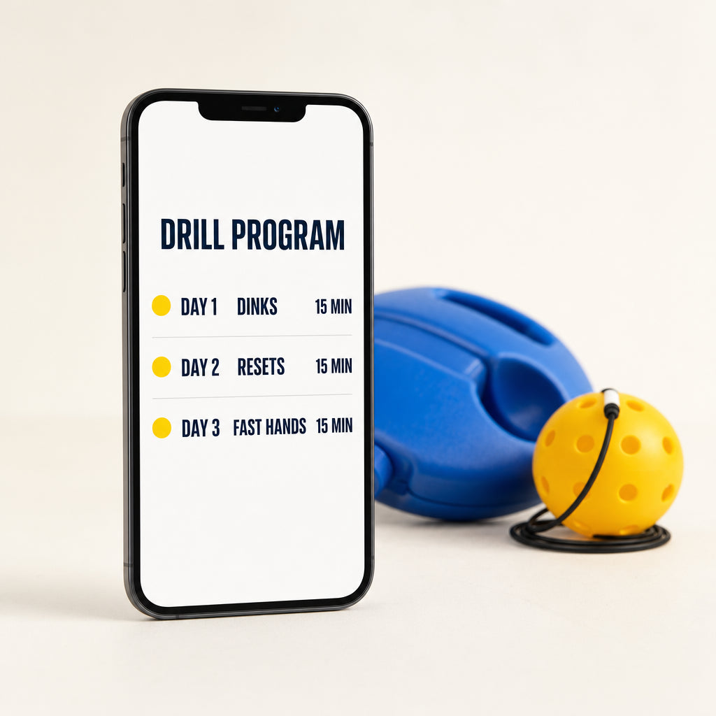 The HomeCourt Drill Program on a phone: fifteen minute sessions for dinks, resets and fast hands