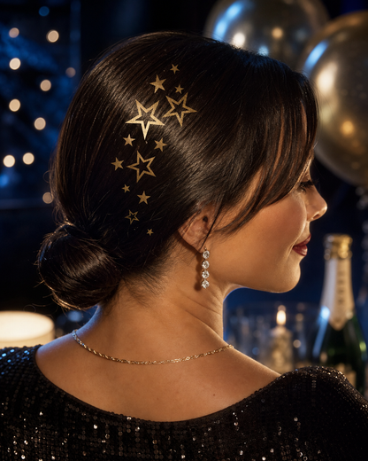 NYE — cascade of gold stars over a low bun